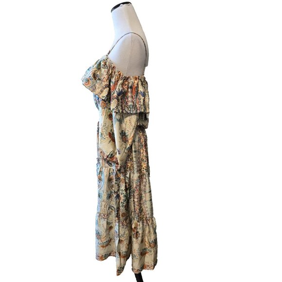 Umgee off the Shoulder 3/4 sleeve tiered vibrant print midi dress size M New - Picture 5 of 16